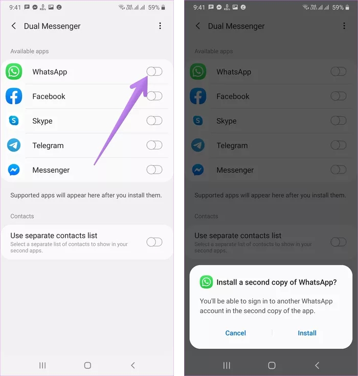 تفعيل ميزة Dual Messenger في هواتف سامسونغ، وتثبيت نسختي واتساب