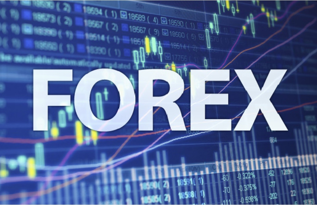 فوركس على خلفية زرقاء تحوي احصائيات وجداول تظهر كلمة FOREX باللون الأبيض