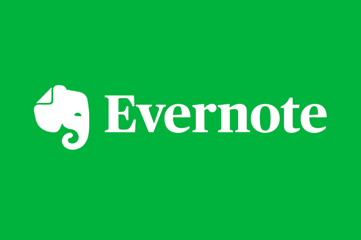 على خلفية خضراء تظهر كلمة Evernote باللون الابيض وبجانبها رسم لرأس فيل ابيض 