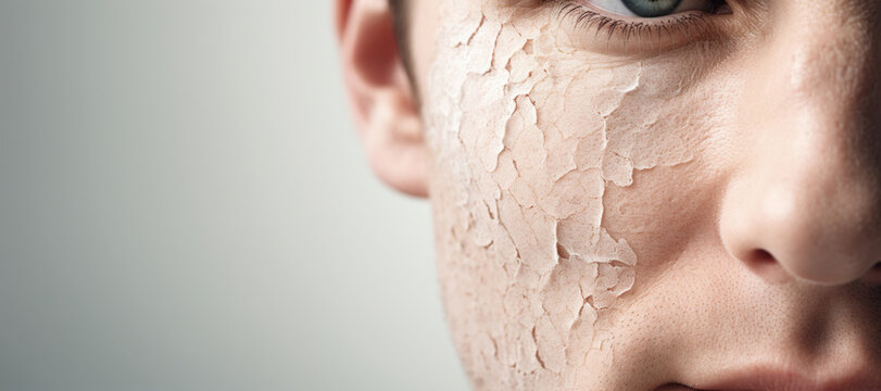  نصف وجه رجل يعاني من جفاف البشرة حيث تنسلخ بعض الطبقات من وجهه