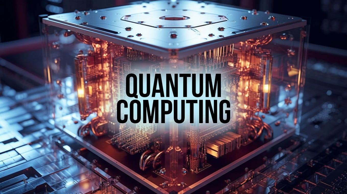 على خلفية سوداء يظهر مكعب يحوي دارات و تظهر عبارm quantum computing 