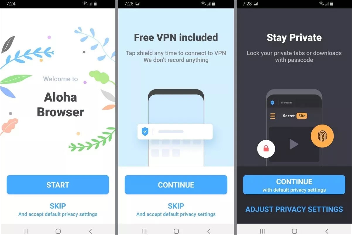 أفضل متصفح ويب يحتوي في بي إن (VPN) للجوالات، متصفح ألوها (Aloha)