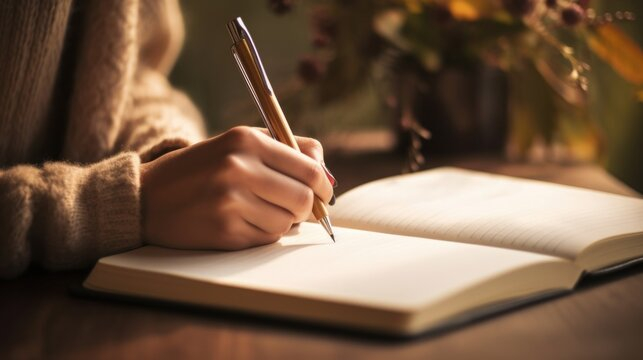سيدة تمسك بقلم وتكتب على دفترها 