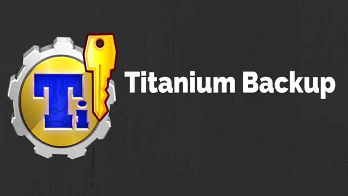 على خلفية سوداء يظهر عجلة آلة وبداخلها خرفين Ti وبجانبها مفتاح اصفر و مكتوب على اليمين Titanium Backup