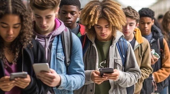 مجموعة من المراهقين يحملون هواتفهم الذكية ويتواصلون باستخدام وسائل التواصل الاجتماعي 