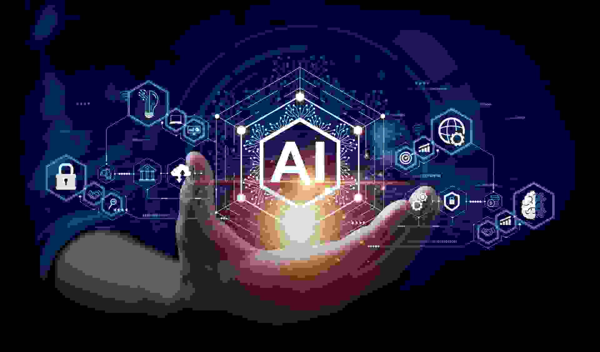على خلفية سوداء تظهر يد تحمل رسم شفاف لدماع و عبارة AI