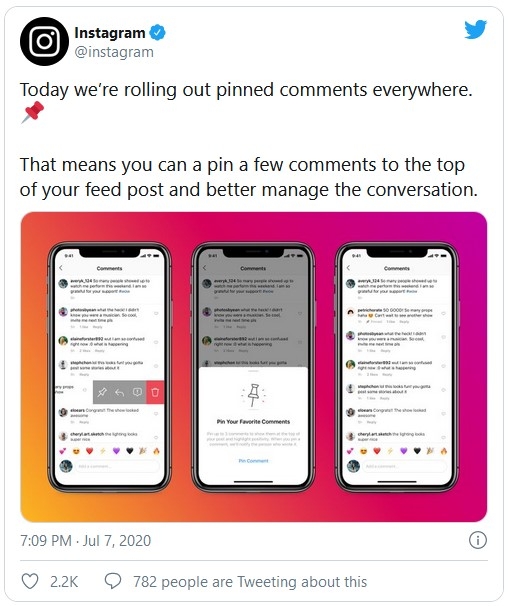 منشور على الحساب الرسمي لإنستغرام يعلن عن إطلاق ميزة التعليقات المثبتة