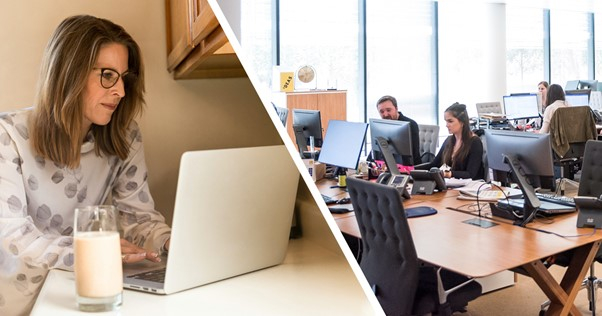 العمل عن بعد مقابل العمل من المنزل الصورة مقسومة الى جزئين بخط مائل القسم الاول يظهر فيه العمل من المكتب و الجزء الثاني سيدة تعمل من المنزل