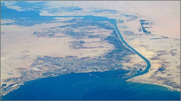 An aerial photo of the Suez Canal