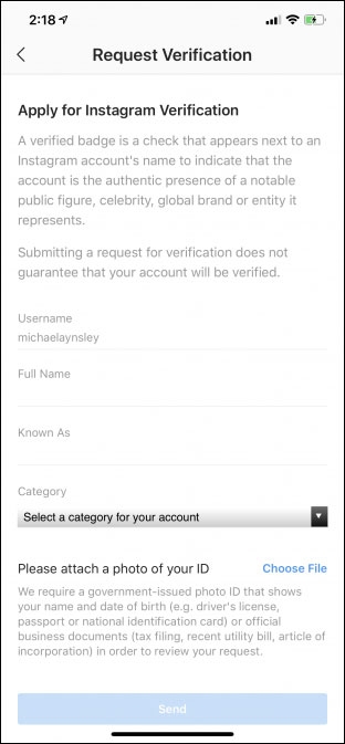 Verify the Instagram account