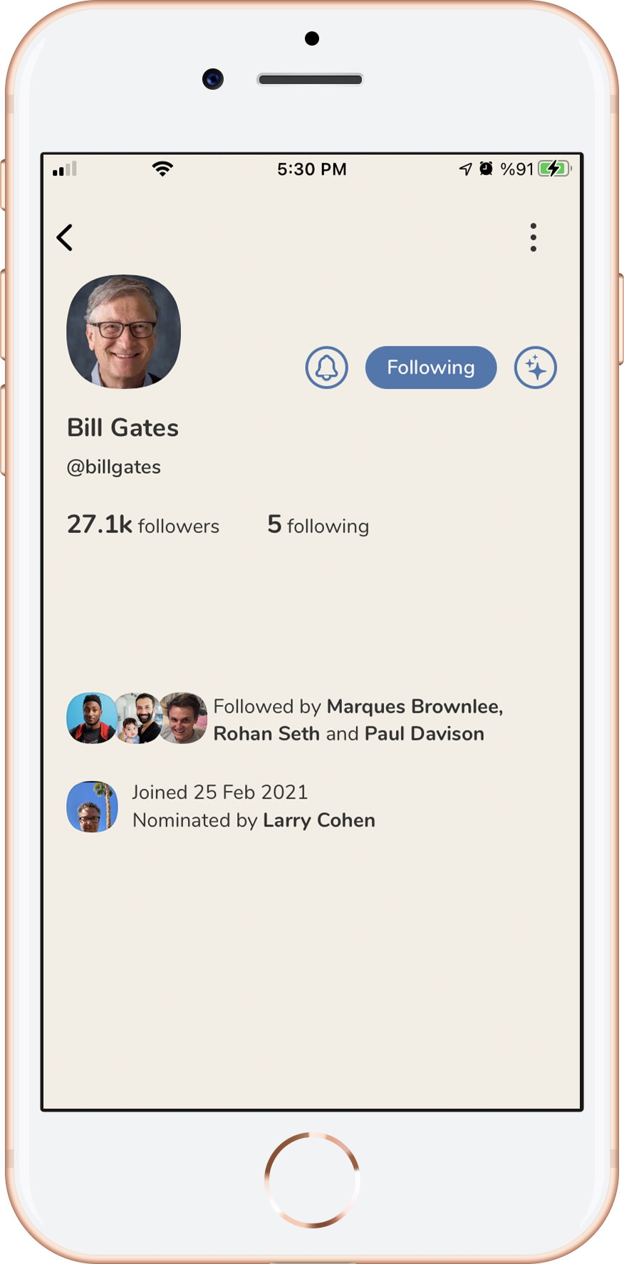 الصفحة الشخصية لبيل غيتس كما تظهر في تطبيق كلوب هاوس