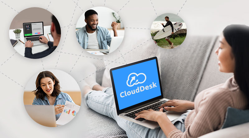 سيدة تجلس على صوفا وتضع اللابتوب على قدميها و تظهر صور الاشخاص تتعامل معهم ضمن دوائر 