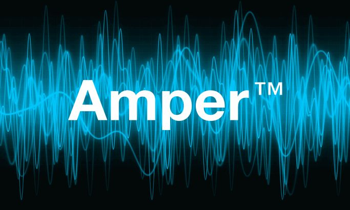 على خلفية سوداء يظهر ذبذبات موسقية باللون الازرق و في الوسط عبارة Amper 