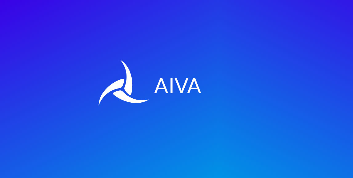 على خلفية زرقاء يظهر في الوسط رمز على شكل مروحة بيضاء و بجانبها AIVA