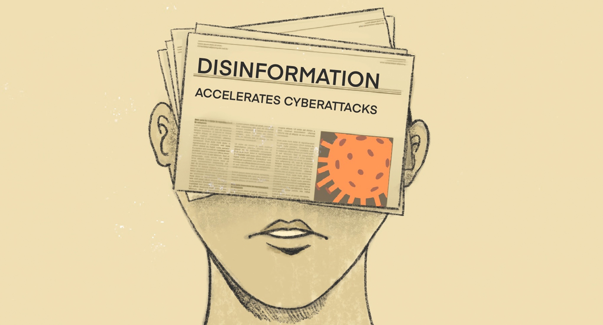 رسم تعبيري لوجه انسان مغطى بجرائد عليها اخبار مزيفة 