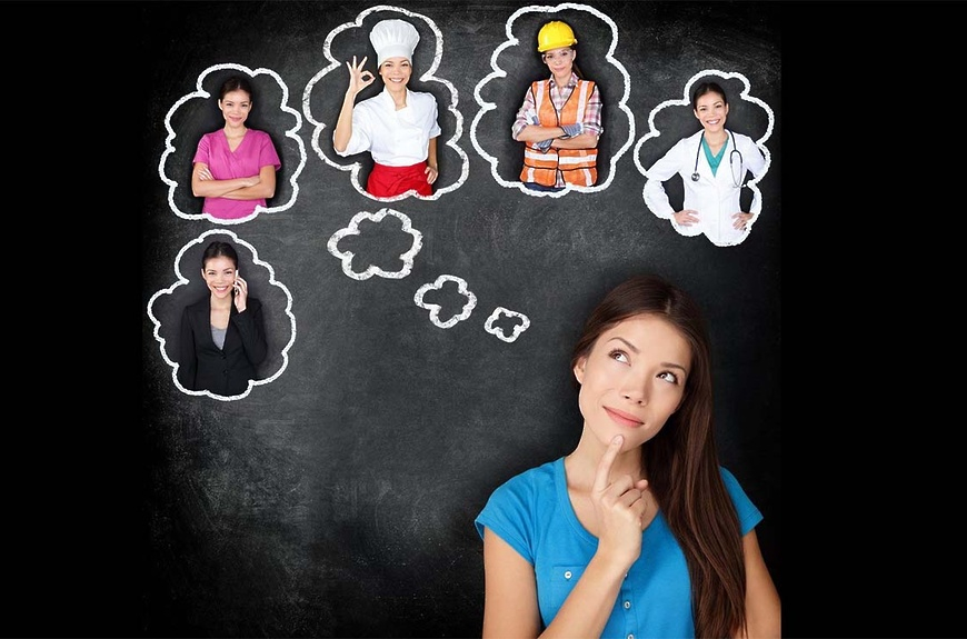 على خلفية سوداء تظهر سيدة تضع اصبعها على ذقنها و هي تتسائل حول عملها و تظهر عدة غيوم بيضاء مرسومة وبداخلها نوع عمل 