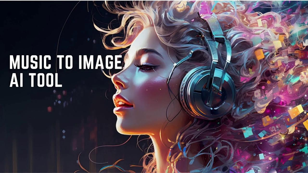 على خلفية سوداء تظهر شابة تضع سماعات و شعرها ممزوج بالالوان و امامه عبارة MUSIC TO IMAGE AI TOOL