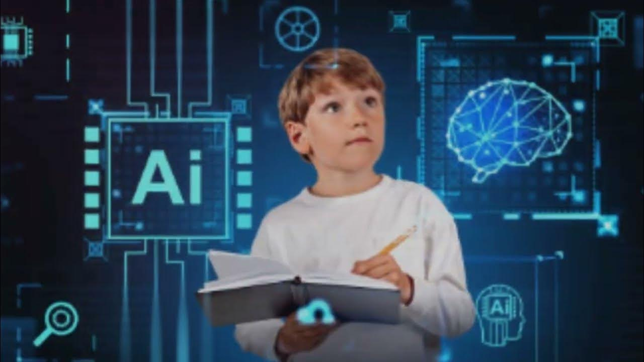 طفل يحمل بيده كتاب وقلم و بجانبه يظهر بشكل افتراضي دماغ الانسان و مربع ضمنه عبارة Ai