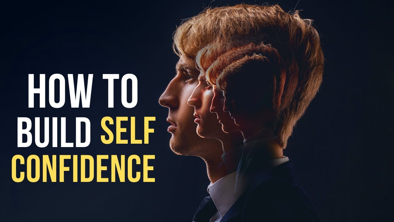 رأس شخص يمثل مراحل مختلفة من بناء الثقة بالنفس على خلفية سوداء و تظهر جملة HOW TO BUILD SELF CONFIDENCE