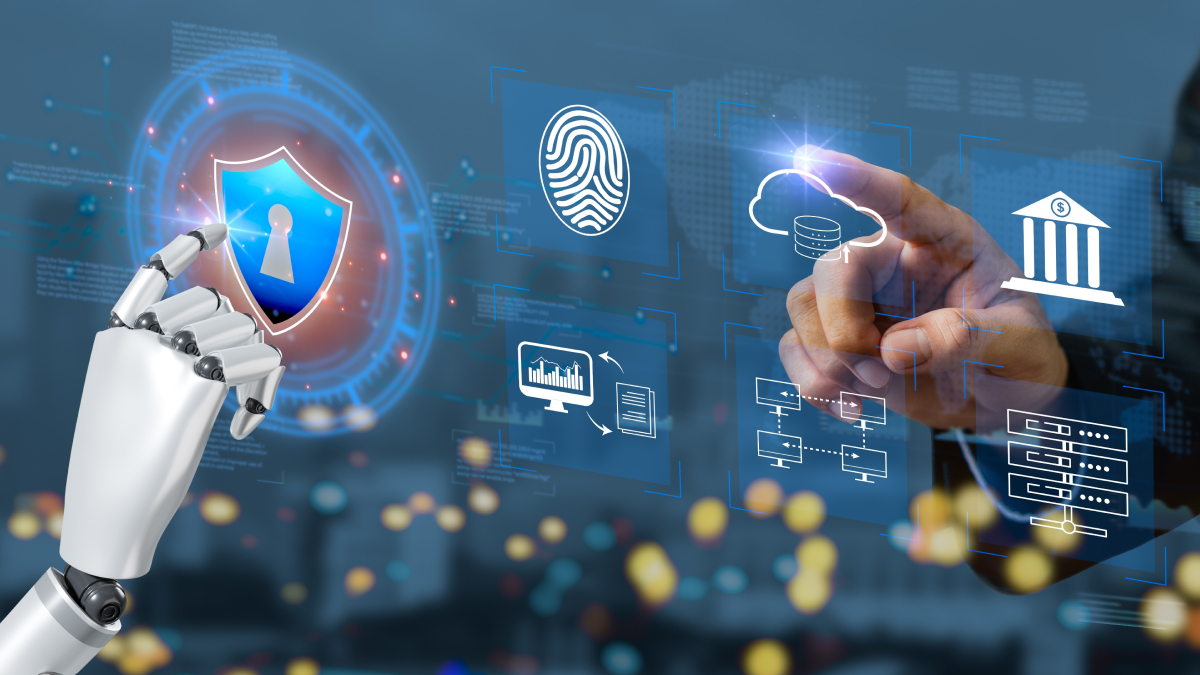 يد رجل آلي يشير باصبعه الى درع الحماية لونه ازرق و في المقابل يد رجل تشير الى رسوم افتراضية مثل غيمة و بجانبها بصمة اصبع و نقود 