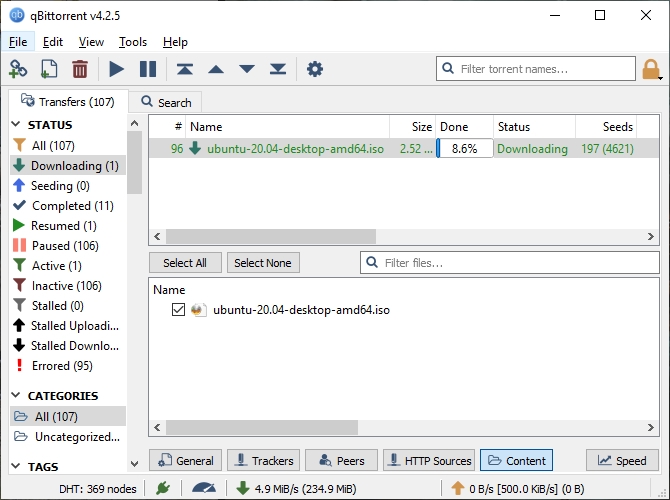 علامات تبويب برنامج كيوبت تورنت (qBitTorrent) - المحتوى