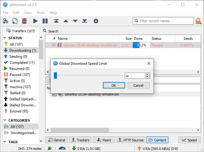 علامات تبويب برنامج كيوبت تورنت (qBitTorrent) - تحديد سرعة التنزيل