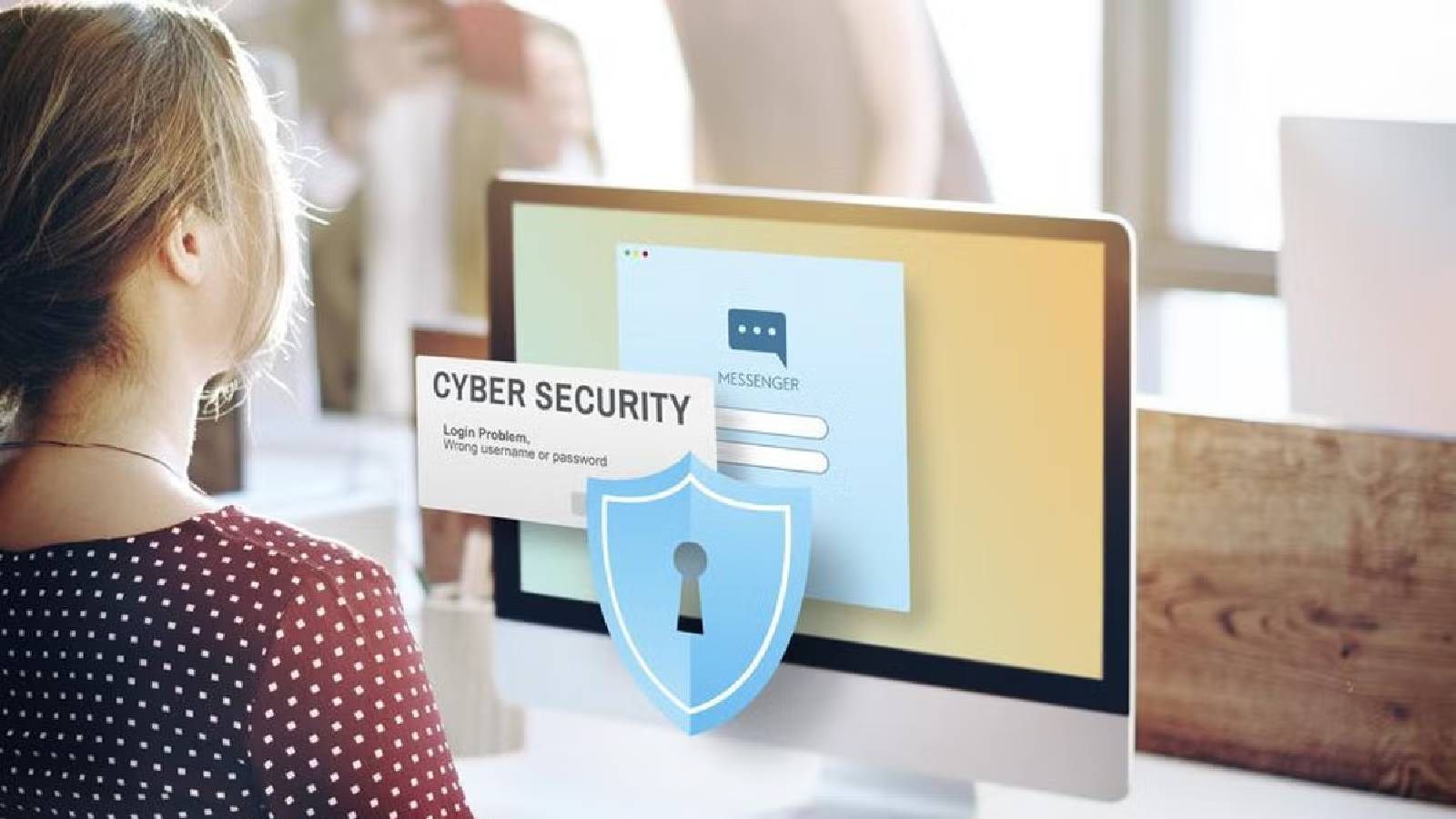 فتاة تجلس الى طاولة أمامها شاشة تظهر عليها قفل حماية 