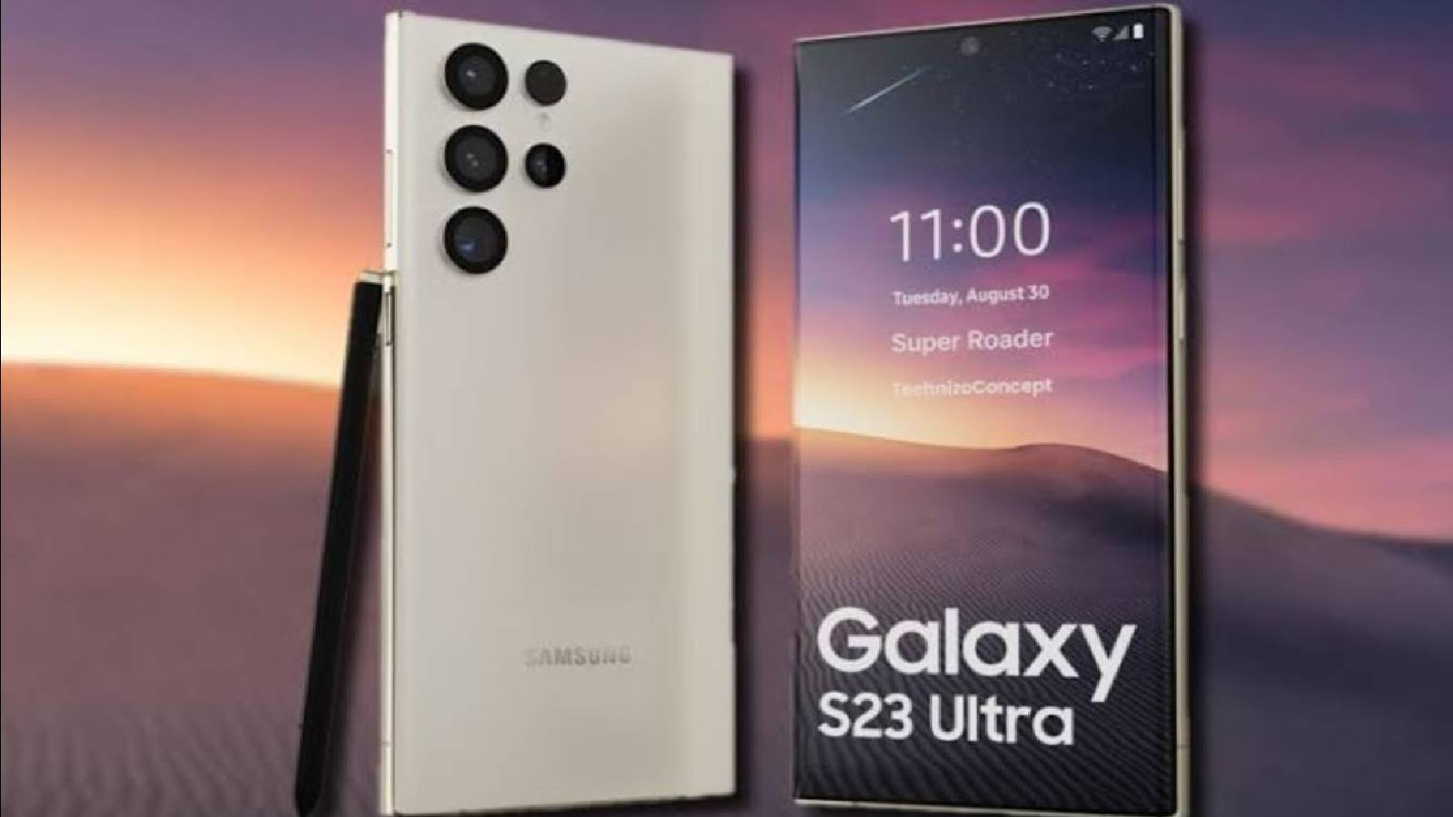  Samsung جهاز هاتف خليوي نوع Galaxy S23 Ultra باللون الفضي ويظهر على الوجه الخلفي للهاتف 5 كامرات مختلفة 