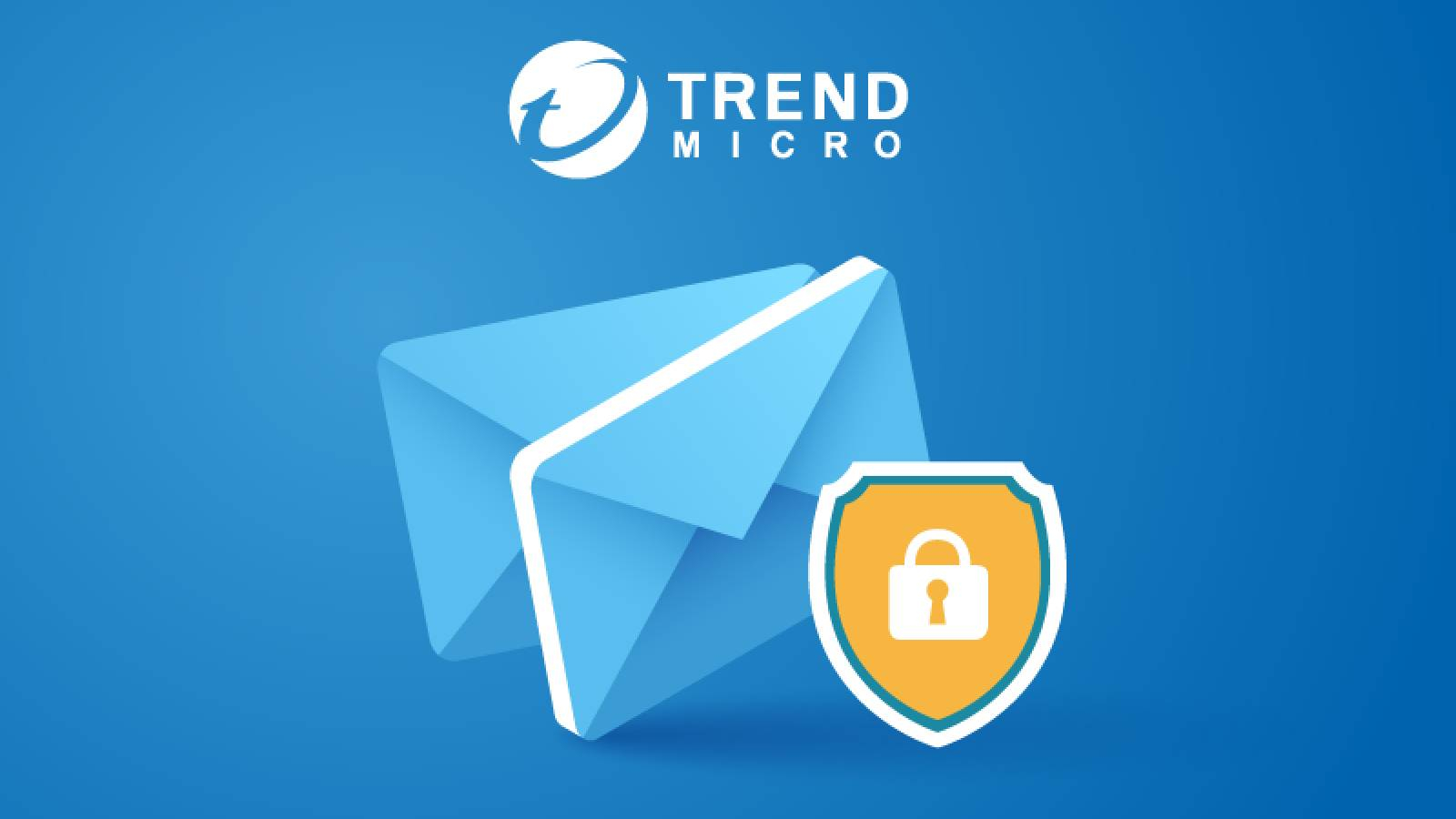 على خلفية زرقاء في أعلى وسط الصورة تظهر دائرة بيضاء في داخلها حرف t معكوف النهاية على شكل نصف دائرة و بجانبه عبارة TREND MICRO باللون الابيض و تحته ظرفين رسائل باللون الازرق الفاتح و بجانبهم درع اصفر داخله قفل ابيض 