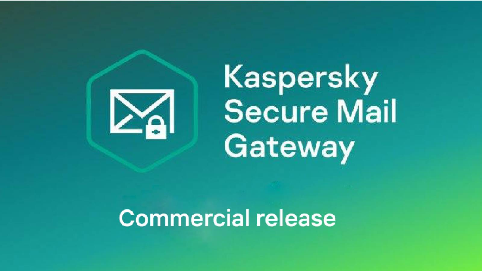 على خلفية متدرجة اللون من الاخضر الغامق الى الاخضر الفاتح يظهر شكل سداسي بداخله ظرف ابيض و على طرفه قفل و بجانب الشكل السداسي عبارة Kaspersky Secure Mail Gateway 