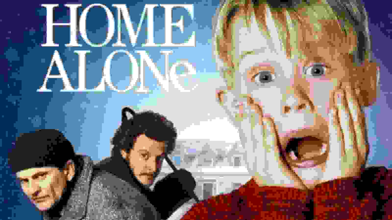 على خلفية زرقاء مكتوب عليها باللون الابيض Home Alone يظهر وجهه الطفل بطل الفيلم و هو خائف ويمسك وجهه بيديه ويظهر بجانبه صورة اللصين فاتحا فمهه 
