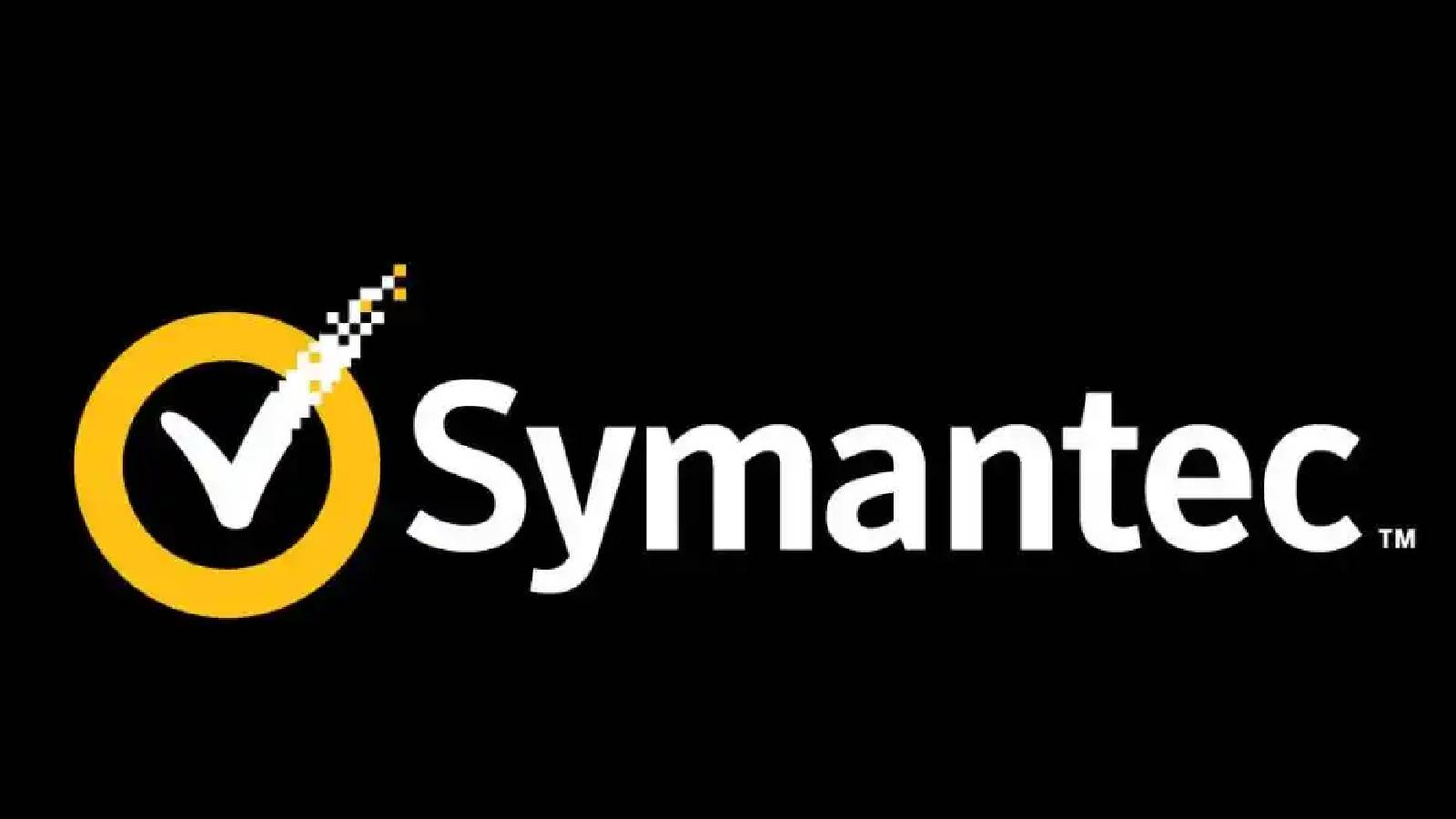 على خلفية سوداء وعلى الجهة اليسرى من الصورة تظهر دائرة صفراء بداخله اشارة صح ويخرج طرفها خارج التدائرة  و عبارة Symantec باللون الابيض