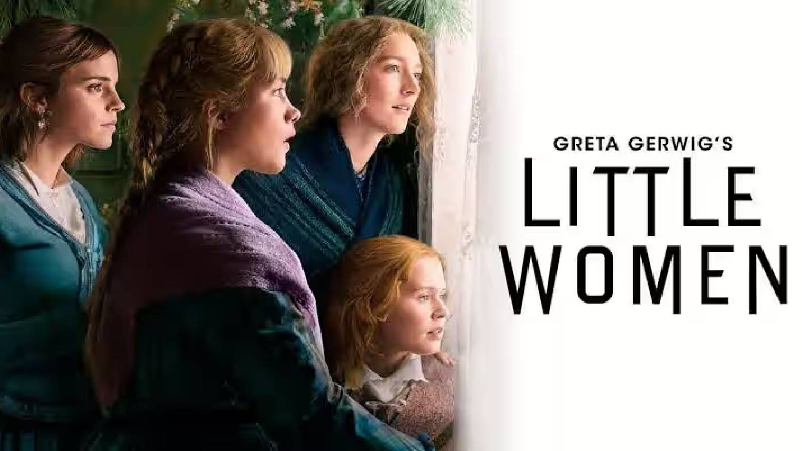 الصورة مقسومة الى قسمين الاول ابيض مكتوب عليه باللون الاسود اسم الفيلم Little Women  والنصف الثاني تظهر فيه اربع فتيات بزي القرن الثامن عشر ينظرن من النافذة الى شيء ما 