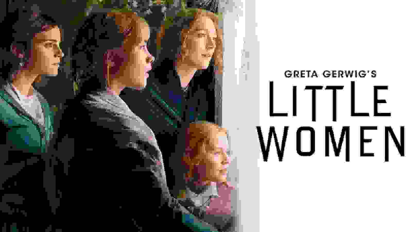 الصورة مقسومة الى قسمين الاول ابيض مكتوب عليه باللون الاسود اسم الفيلم Little Women  والنصف الثاني تظهر فيه اربع فتيات بزي القرن الثامن عشر ينظرن من النافذة الى شيء ما 