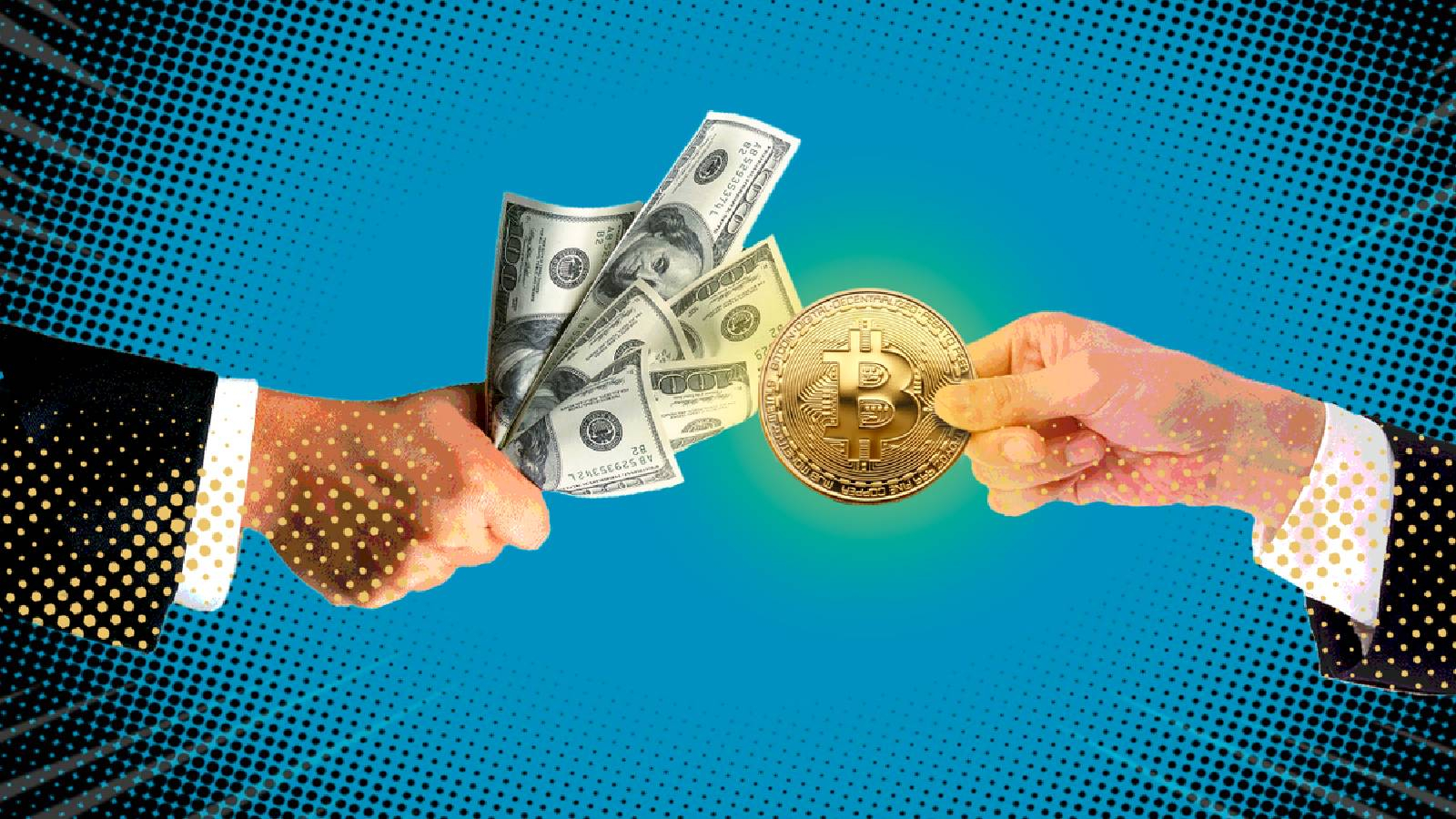 يدين ممدودتين الاولى تحمل عملة بتكوين الرقمية و اليد الثانية تحمي اوراق مالية (دولار)