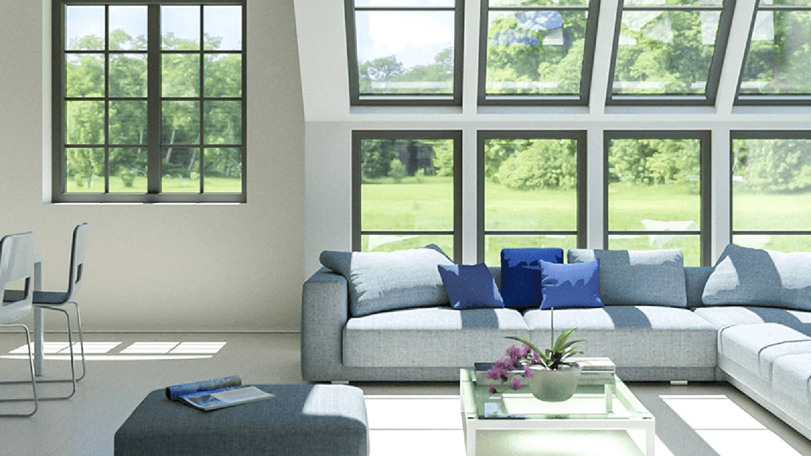 غرفة معيشة سقفها من الزجاج