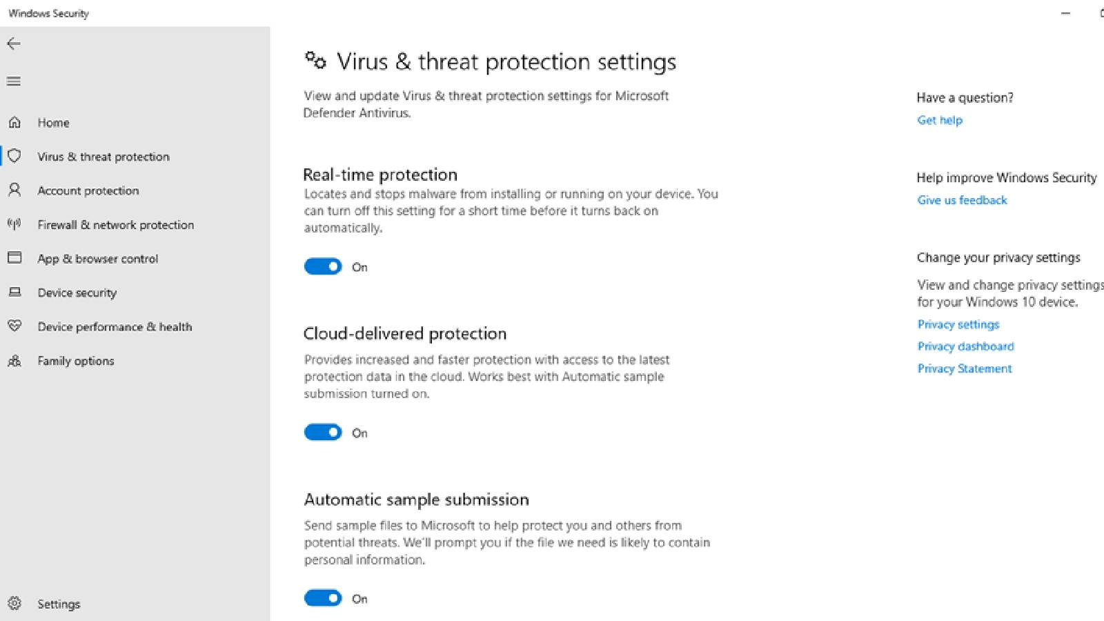 نافذة حماية النظام من الفيروسات و تظهر ضمنها الكثير من الخيارات 