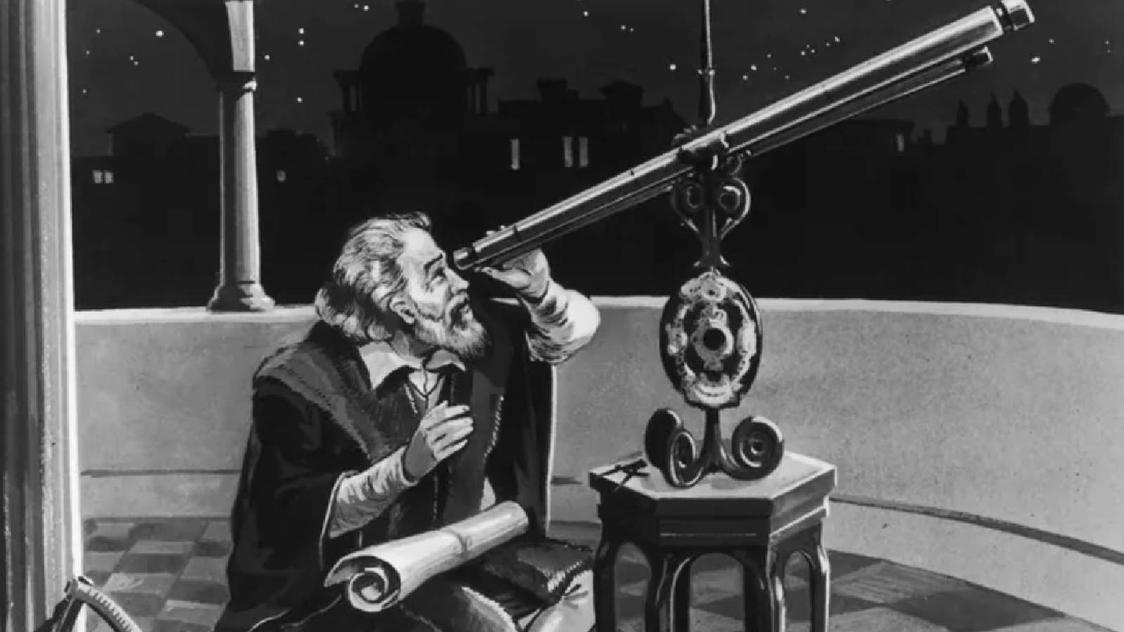 صورة لغاليليو غاليلي وهو يراقب النجوم والكواكب في الليل من خلال منظاره 