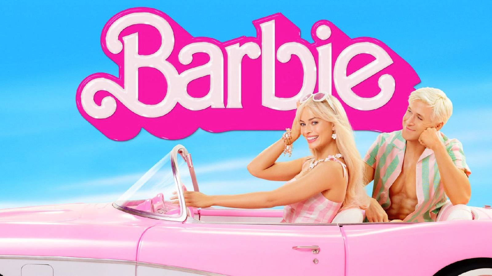 يركبون سيارة باللون الزهري ابطال فيلم Barbie   صورة الممثلة مارجو روبي والممثل رايان غوسلينغ