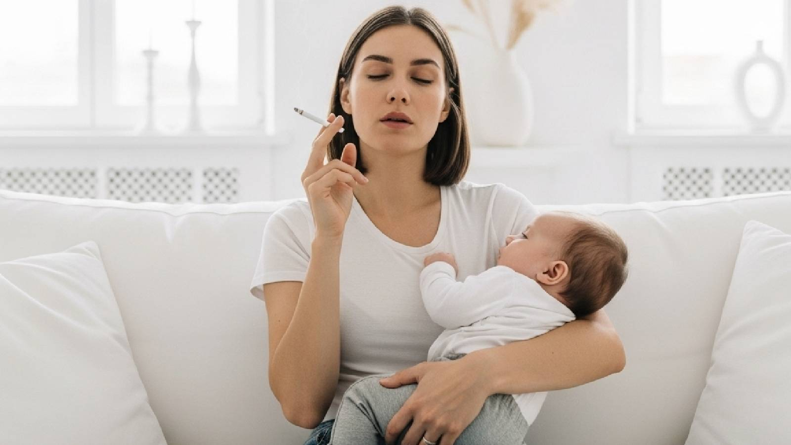 ام تحمل طفلها و هي جالسة على الصوفا و تدخن وتؤثر على طفلها بالتدخين السلبي 