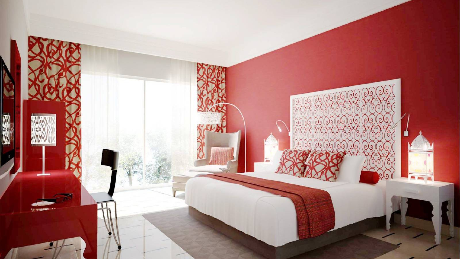 غرفة نوم يطغى عليها اللون الاحمر والابيض مع ستائر باللون الاحمر والابيض 