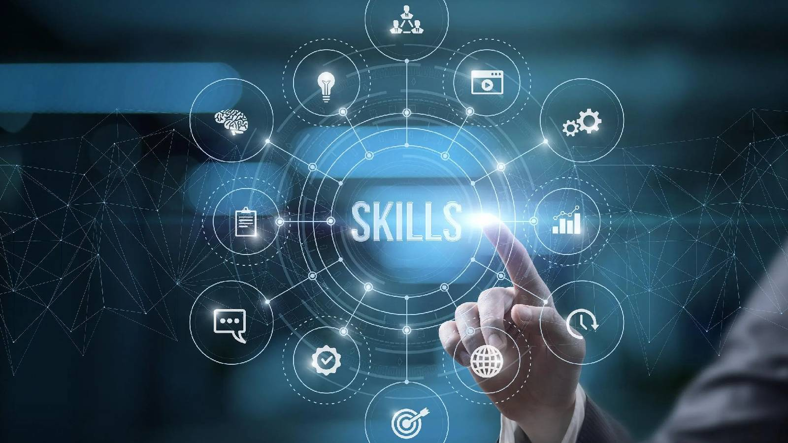 شخص يشير الى شاشة افتراضية تظهر في الوسط عبارة SKILLS  وتظهر مجموعة من الايقونات بمحتويات مختلفة 