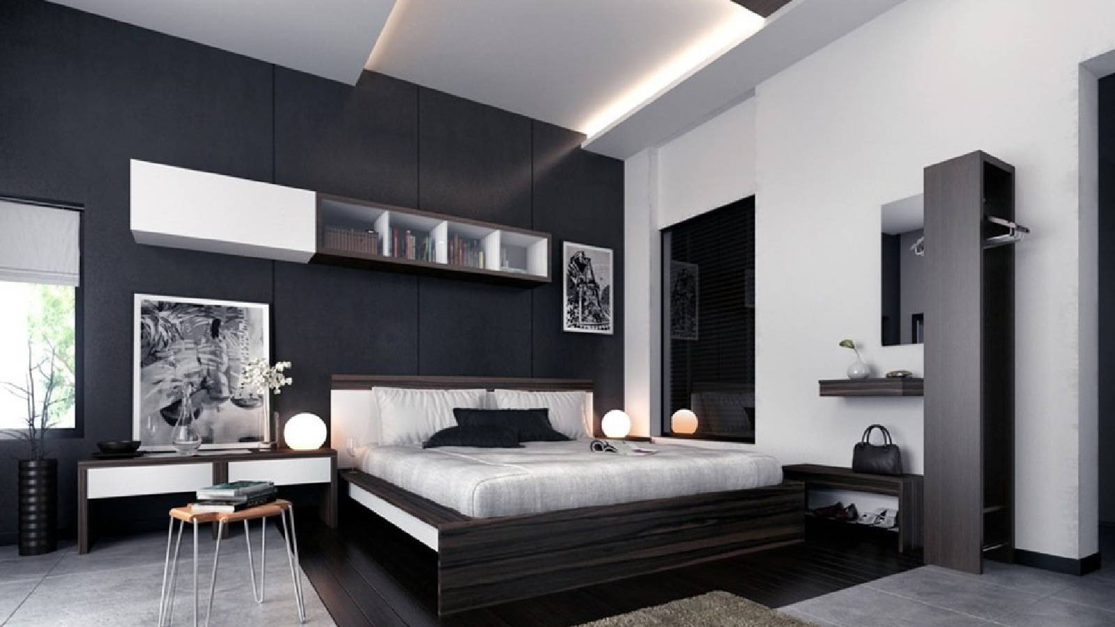 غرفة نوم يطغى عليها اللون الاسود مع لوحات و ديكور باللون الاسود