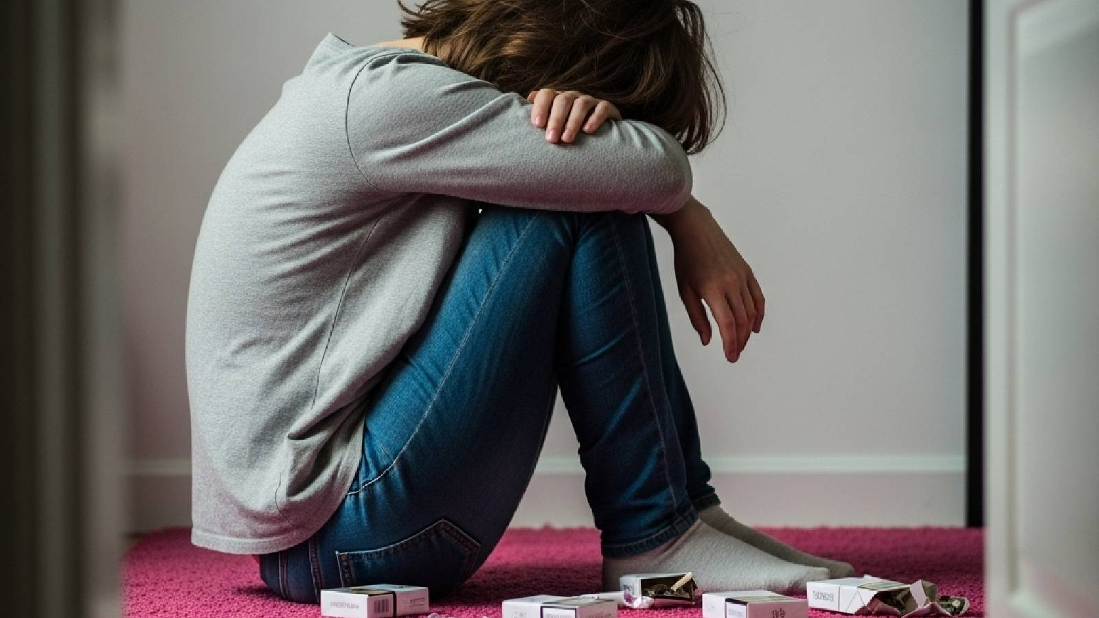 فتاة تجلس على الارض ضامة يديها الى قدميها و وتضع رأسها على يديها و على الارض العديد من علب السجائر 