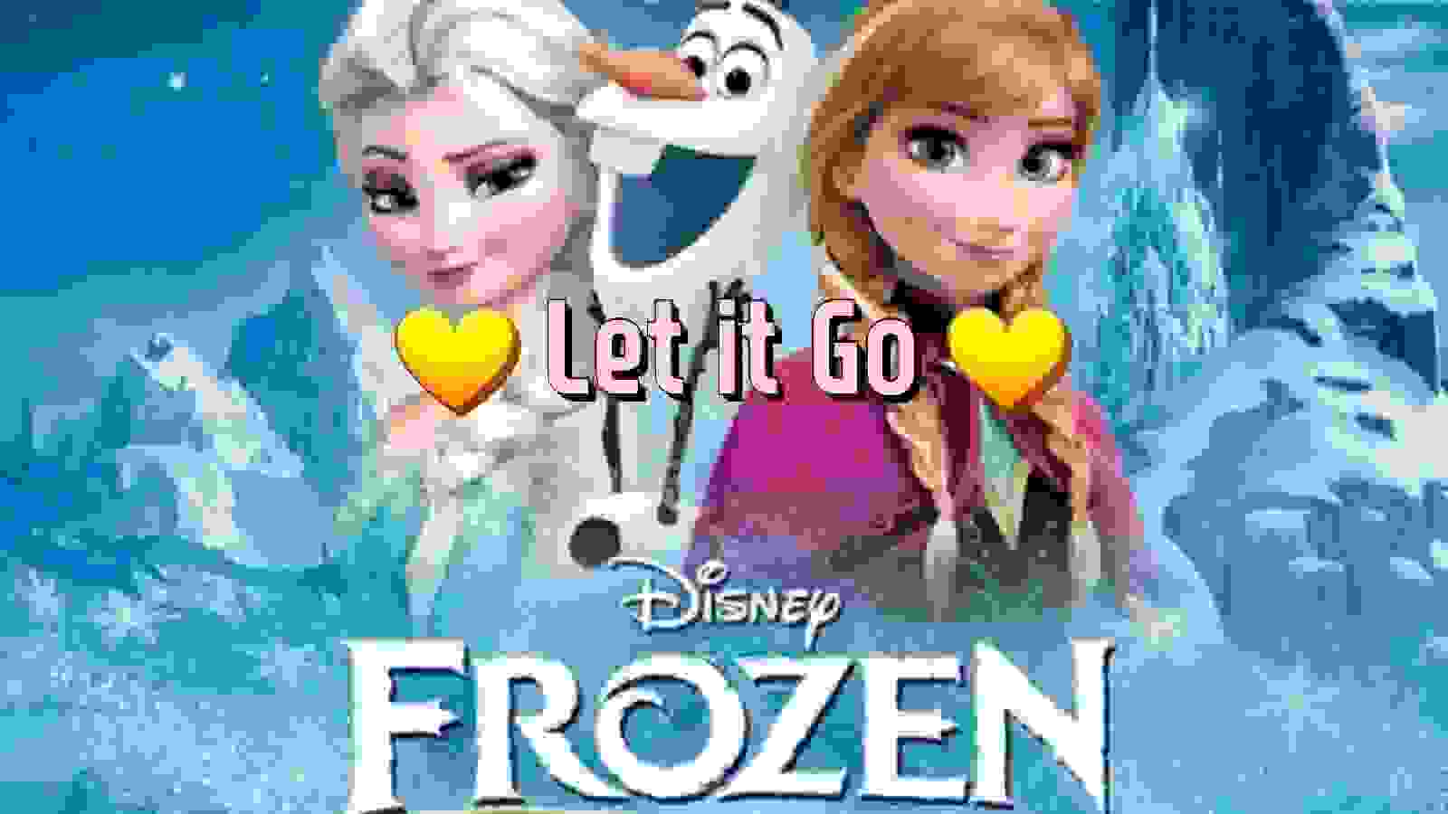 على خلفية من الثلوج تظهر الملكة و اختها اماندا ويقف بينهم رجل الثلج و مكتوب بالمنتصف let it go باللون الزهري و على جانبي العبارة قلبين باللون الاصفر و في اسفل الصورة مكتوب اسم الفيلم باللون الابيض 