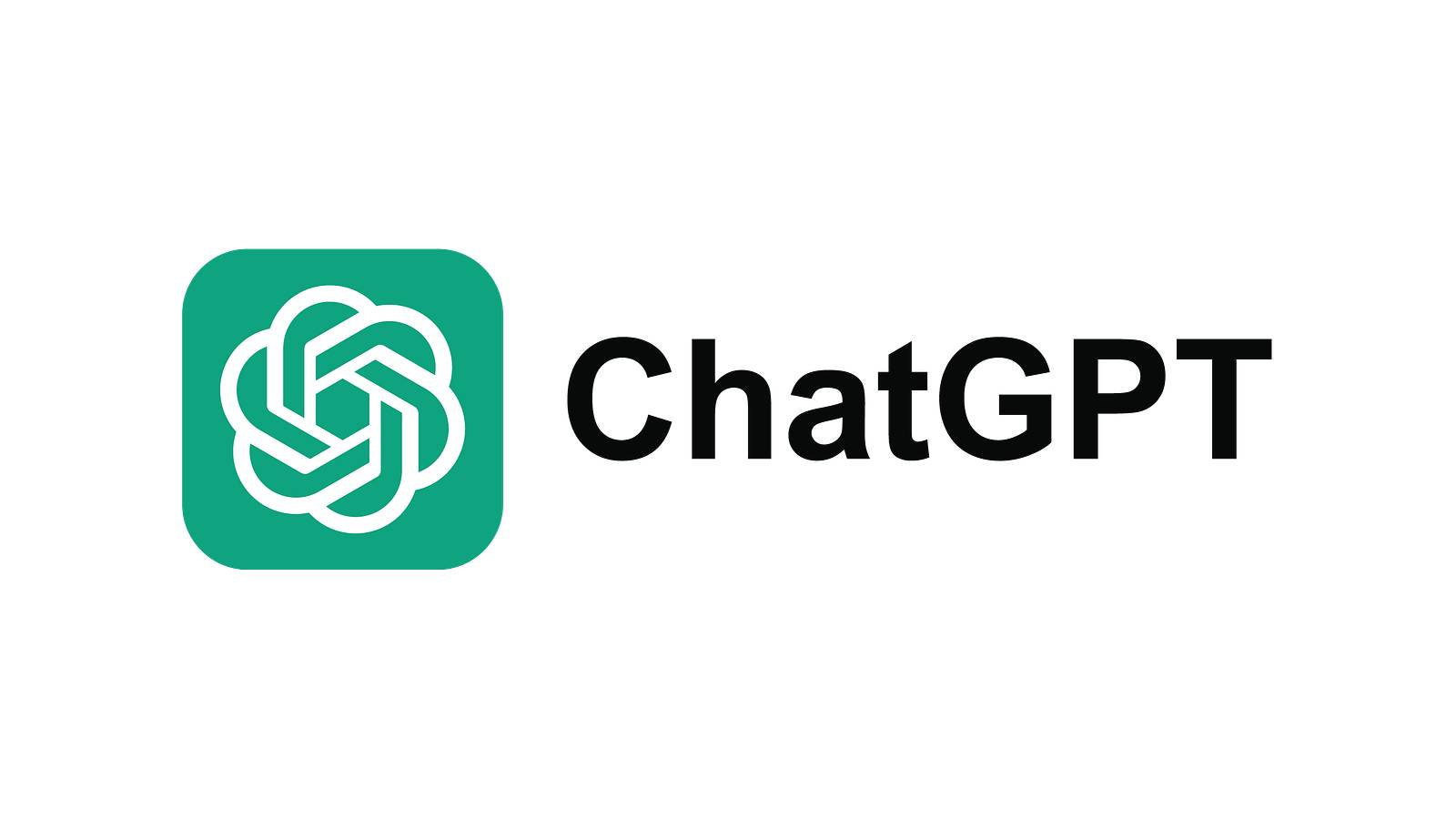 على خلفية بيضاء يظهر مربع اخضر بداخله خطوط بيضاء متداخلة و بجانبه عبارة Chat GPT