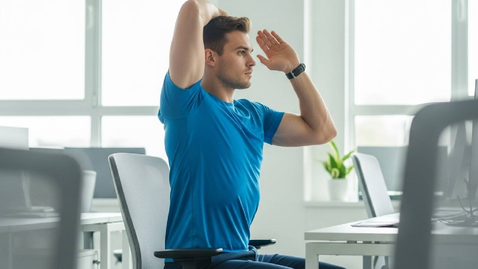 موظف يجلس خلف مكتبه يرتدي تيشيرت ازرق و تمارس تمرني الكتف الخلفي بدون معدات 