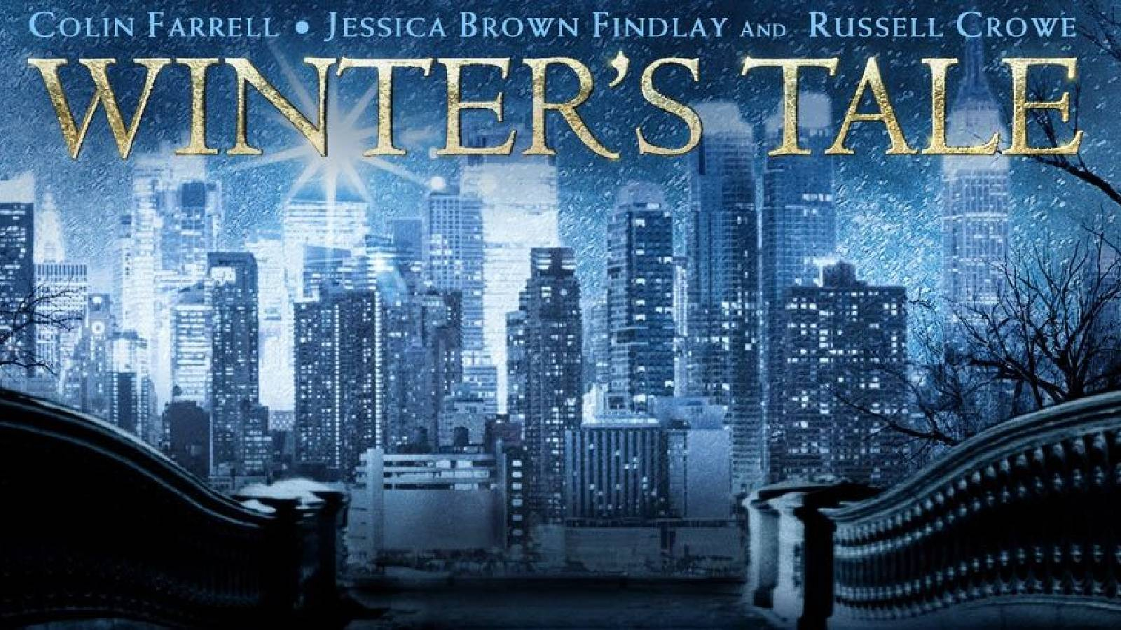 تظهر في الصورة مدينة كبيرة و ابنية عالية مضاءة في الليل و في اعلى الصورة مكتوب اسم الفيلم باللون الذهبي 