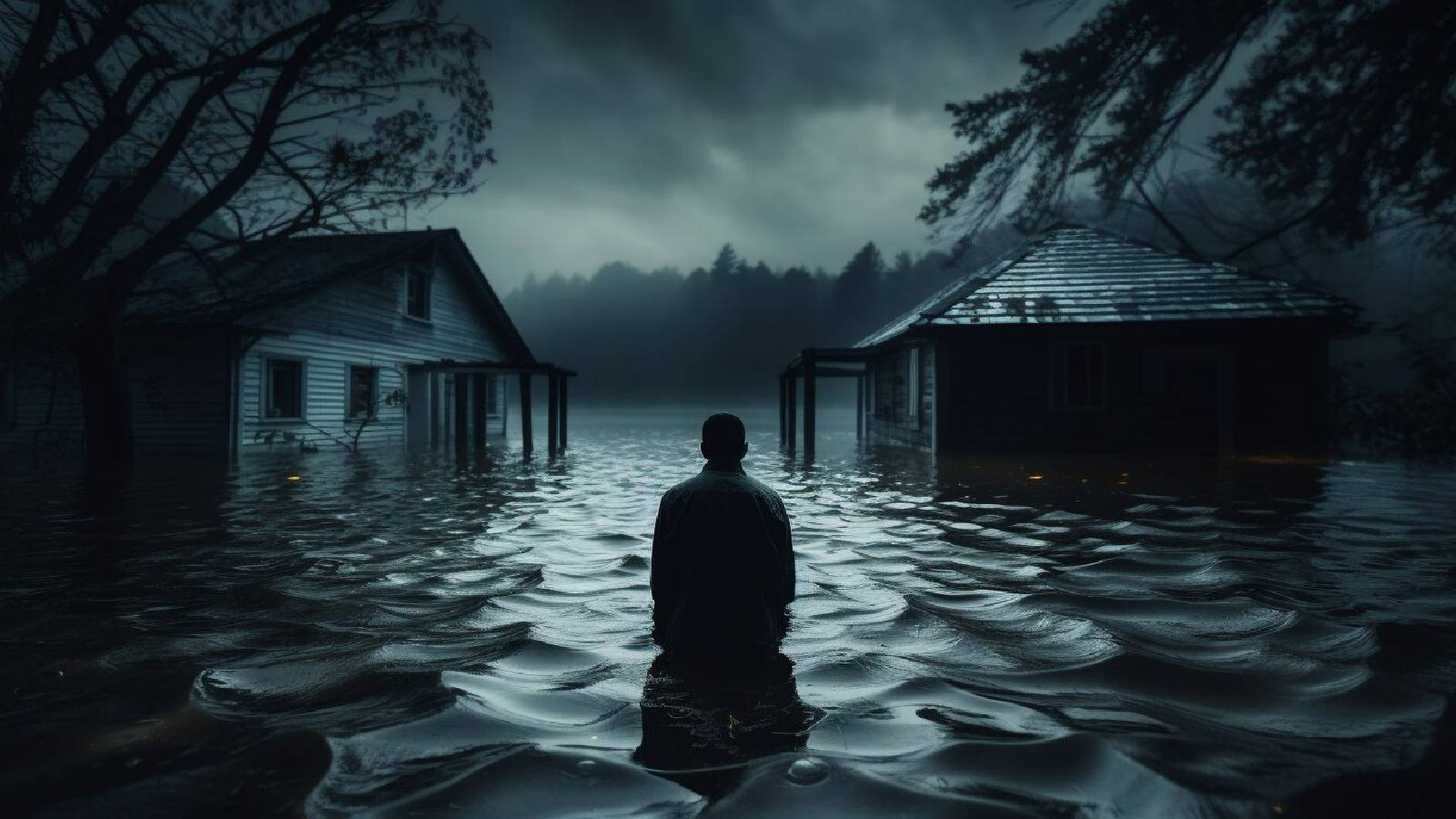 شخص يقف في وسط مياه الفيضان و تظهر البيوت مغمورة بالماء 