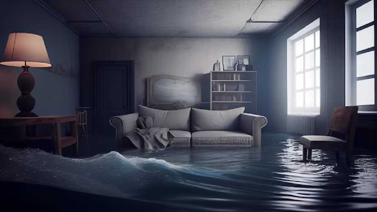 غرفة جلوس مغمورة بمياه الفيضان وتظهر اريكة و كرسي ويدخل النور من النوافذ وتظهر على اليسار مصباح كهربائي 